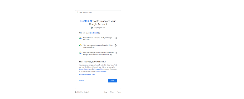 Step 8 Allow Electrik.AI to access your Google Drive account -ElectrikAI
